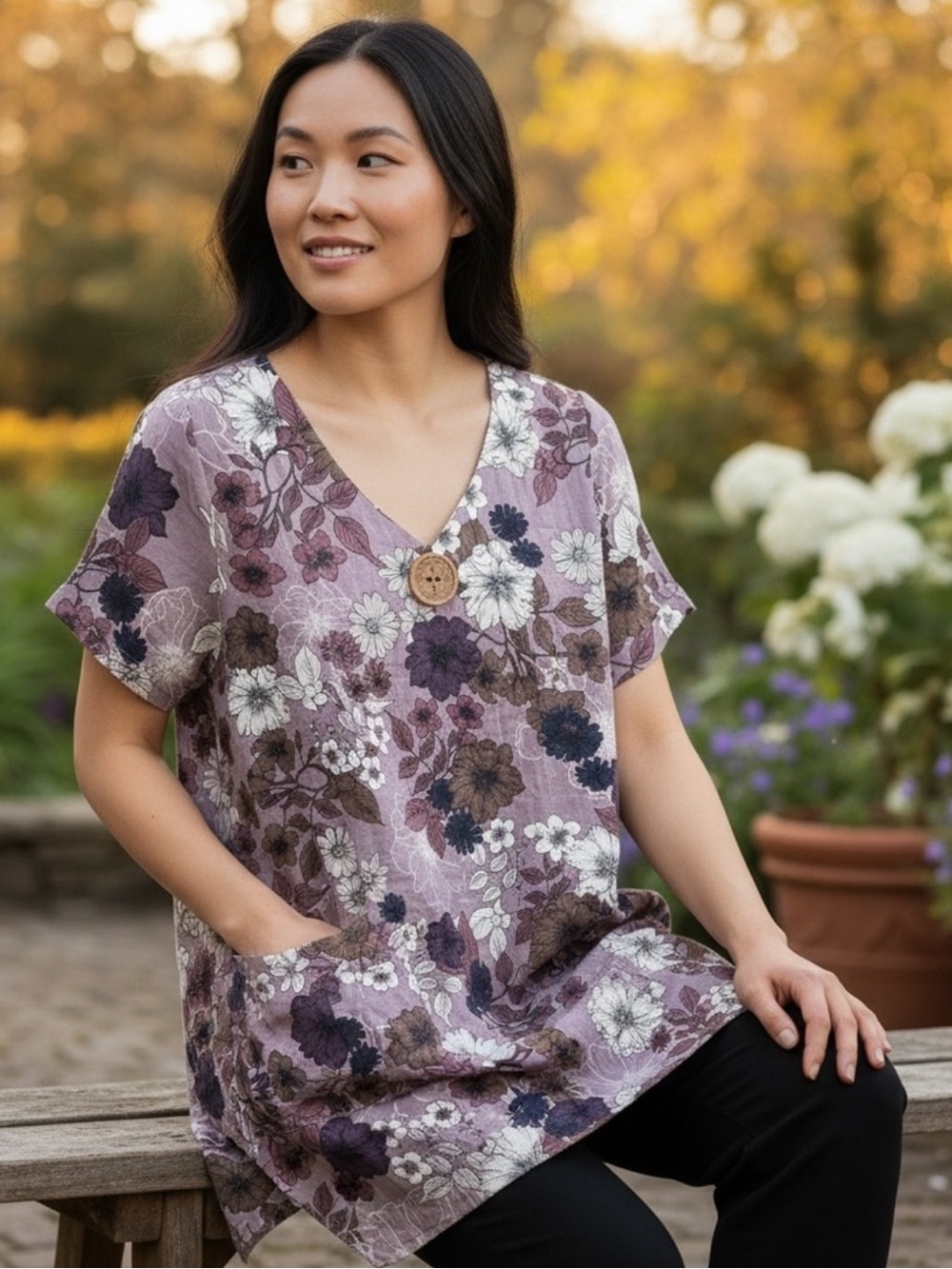 NEW Coldwater Creek Purple Floral Tunic Linen Blend Lagenlook Size XS NWT